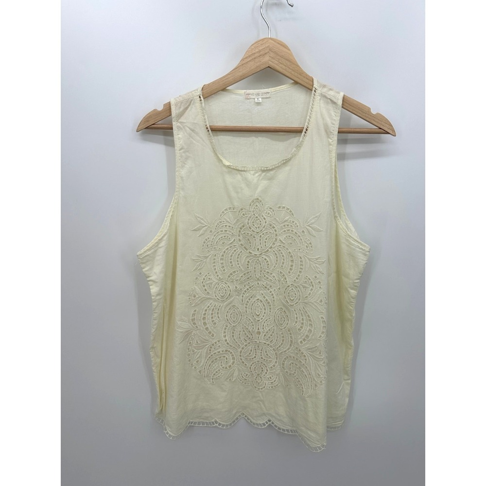 Thyme and‎ Honey Women Tank Cream Floral Stitched Cotton Boho Coastal Minimal